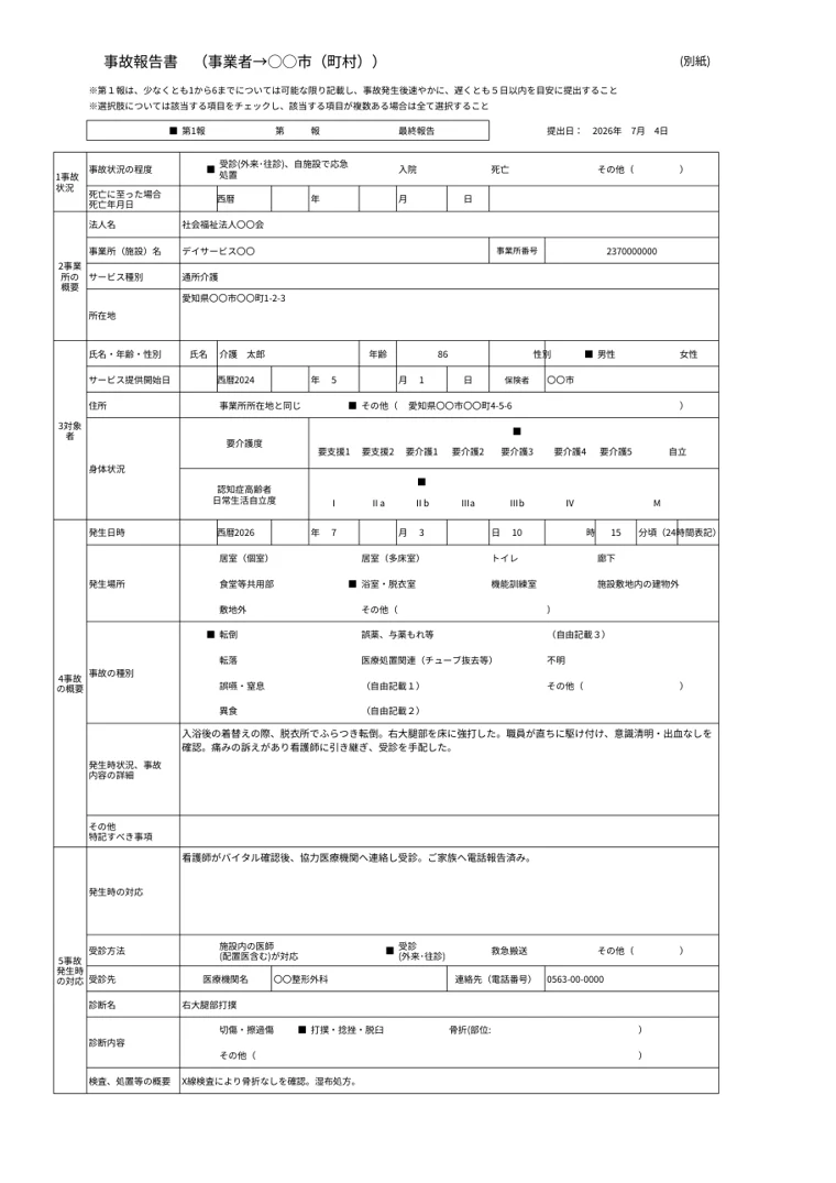 生成された事故報告書PDF(厚労省標準様式)